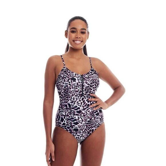 Cover Girl One Piece Swimsuit 20 Curvy Swimwear Tummy Control Zip Up leopard - Picture 1 of 7
